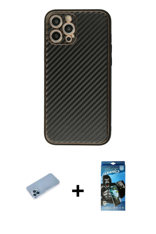 ieg™ iPhone 12 Pro Max Kılıf Ahenk Işık - Siyah 34D Izgaralı Cam + Mavi Shine Kamera Lens Koruma Cam