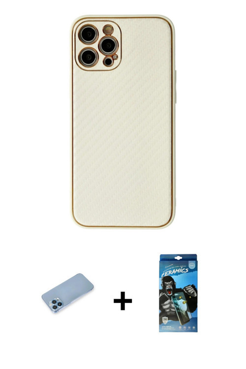 ieg™ iPhone 12 Pro Max Kılıf Ahenk Işık - Siyah 34D Izgaralı Cam + Mavi Shine Kamera Lens Koruma Cam