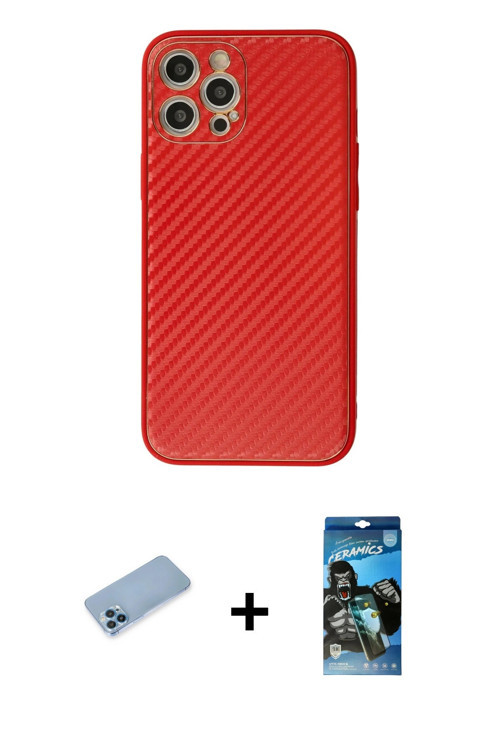 ieg™ iPhone 12 Pro Max Kılıf Ahenk Işık - Siyah 34D Izgaralı Cam + Mavi Shine Kamera Lens Koruma Cam