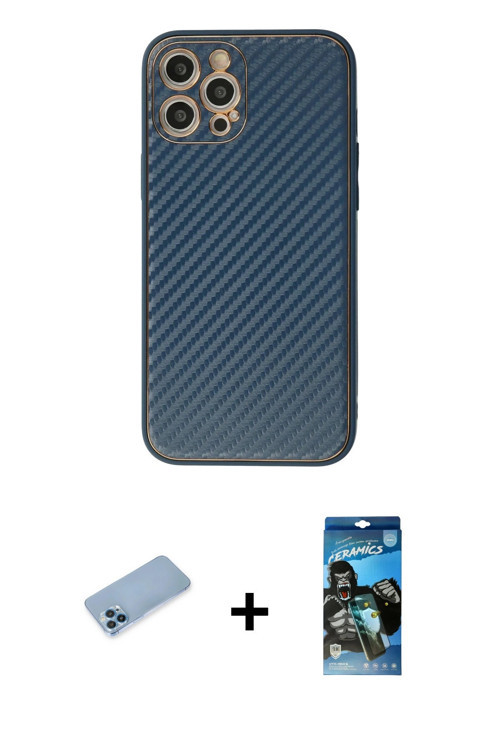 ieg™ iPhone 12 Pro Max Kılıf Ahenk Işık - Siyah 34D Izgaralı Cam + Mavi Shine Kamera Lens Koruma Cam