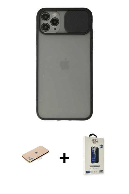 ieg™ iPhone 11 Pro Max Kılıf Vadi Çizgi - Siyah Bilvis Hayalet Cam Ekran Koruyucu + Mavi Renkli Kame