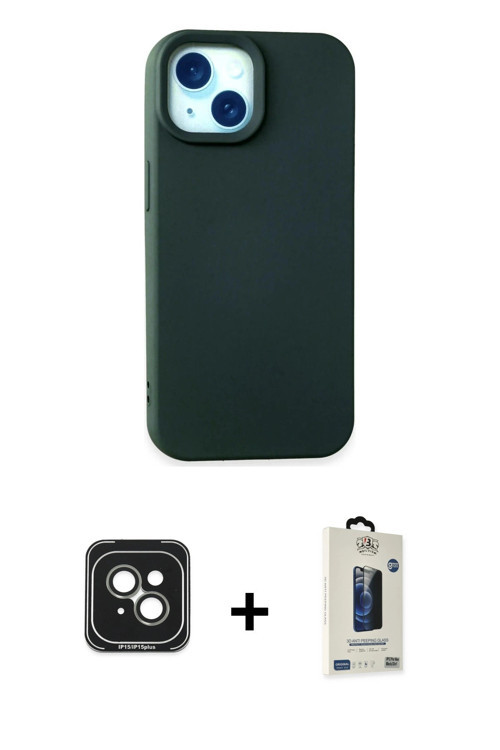 iPhone 15 Kılıf Ahenk Serisi - Siyah Bilvis Hayalet Cam Ekran Koruyucu + Yeşil PVD Metal Kamera