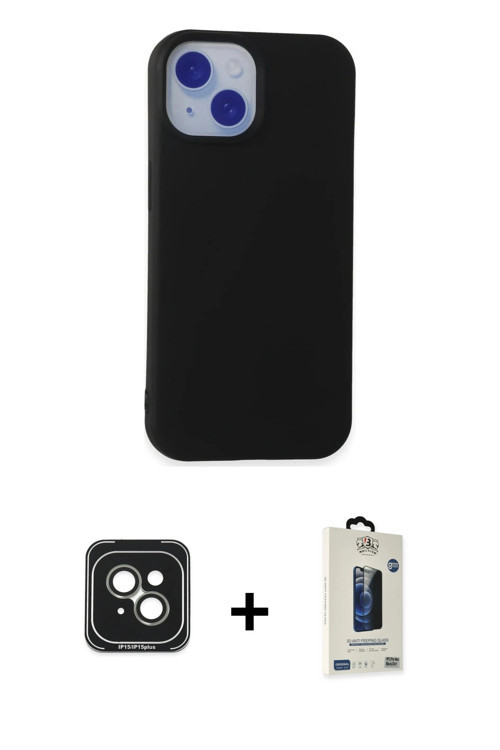 iPhone 15 Kılıf Ahenk Serisi - Siyah Bilvis Hayalet Cam Ekran Koruyucu + Yeşil PVD Metal Kamera