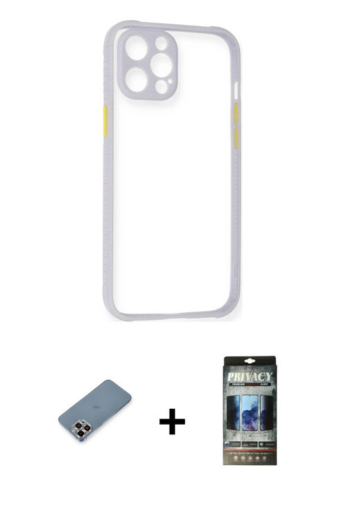 ieg™ iPhone 12 Pro Kılıf Nova Asil Özel Seri - Siyah 34D Hayalet Izgaralı Cam + Mor Metal Kamera Len