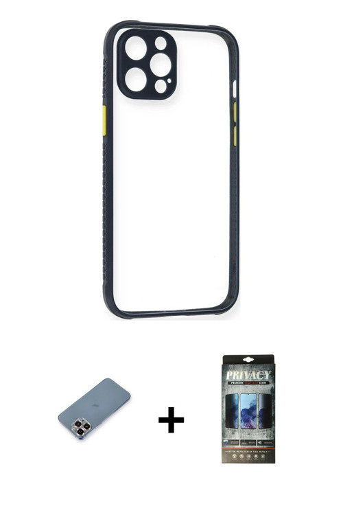 ieg™ iPhone 12 Pro Kılıf Nova Asil Özel Seri - Siyah 34D Hayalet Izgaralı Cam + Mor Metal Kamera Len