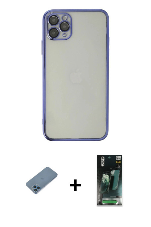 ieg™ iPhone 11 Pro Max Kılıf Vadi Minimal - Şeffaf 360 Full Body Arka Koruyucu + Mavi Shine Kamera L