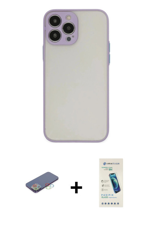 ieg™ iPhone 13 Pro Max Kılıf Ahenk Çizgi Serisi - Şeffaf Pasifik Cam Ekran Koruyucu + Mavi Renkli Ka