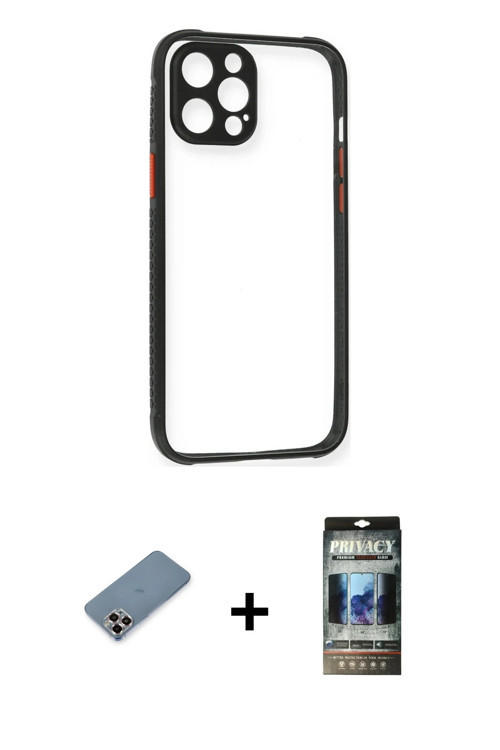 ieg™ iPhone 12 Pro Kılıf Nova Asil Özel Seri - Siyah 34D Hayalet Izgaralı Cam + Mor Metal Kamera Len