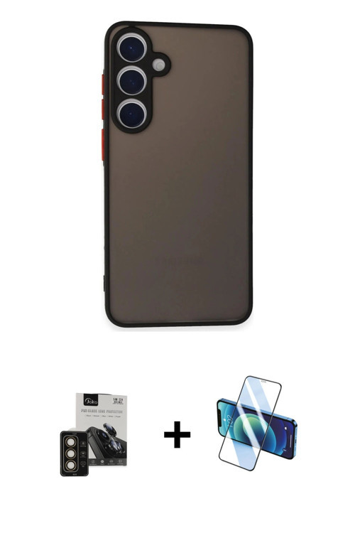 ieg™ Galaxy S24 Kılıf Ahenk Çizgi Serisi - Siyah 3D Antistatik Cam Ekran Koruyucu + Gold PVD Metal K