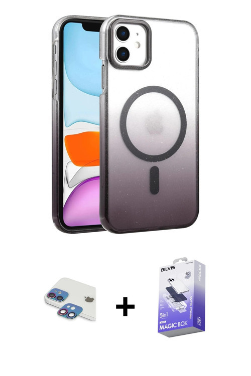 iPhone 11 Kılıf Ahenk Doku Özel Seri - Siyah Bilvis 5in1 5D Magic Hayalet Cam Ekran Koruyucu +