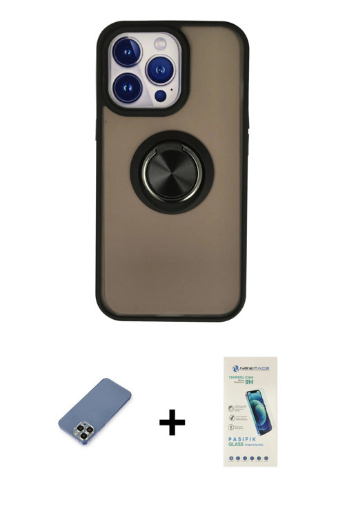 ieg™ iPhone 13 Pro Max Kılıf Yörünge Çizgi - Şeffaf Pasifik Cam Ekran Koruyucu + Açık Yeşil Metal Ka