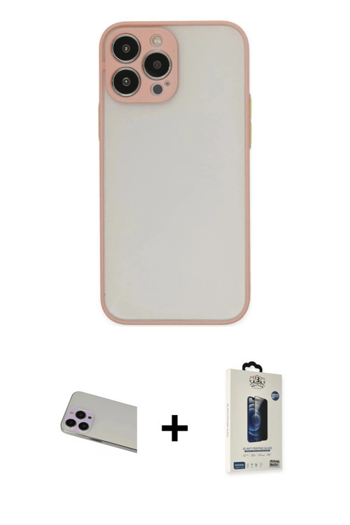 iPhone 13 Pro Max Kılıf Ahenk Çizgi Serisi - Siyah Bilvis Hayalet Cam Ekran Koruyucu + Mor Rain