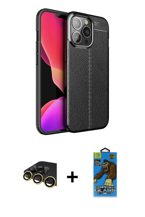 ieg™ iPhone 13 Pro Max Kılıf Doruk Klasik Özel Seri - Siyah 18D Cam Ekran Koruyucu + Gold Raze Metal