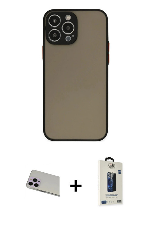 iPhone 13 Pro Max Kılıf Ahenk Çizgi Serisi - Siyah Bilvis Hayalet Cam Ekran Koruyucu + Mor Rain