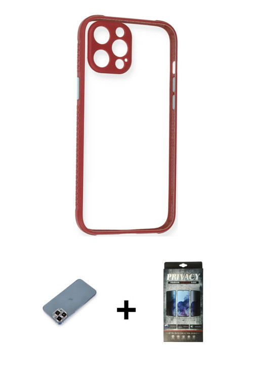 ieg™ iPhone 12 Pro Kılıf Nova Asil Özel Seri - Siyah 34D Hayalet Izgaralı Cam + Mor Metal Kamera Len
