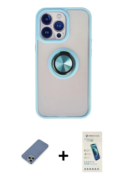 ieg™ iPhone 13 Pro Max Kılıf Yörünge Çizgi - Şeffaf Pasifik Cam Ekran Koruyucu + Açık Yeşil Metal Ka