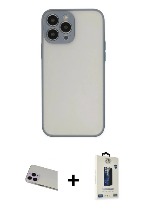 iPhone 13 Pro Max Kılıf Ahenk Çizgi Serisi - Siyah Bilvis Hayalet Cam Ekran Koruyucu + Mor Rain