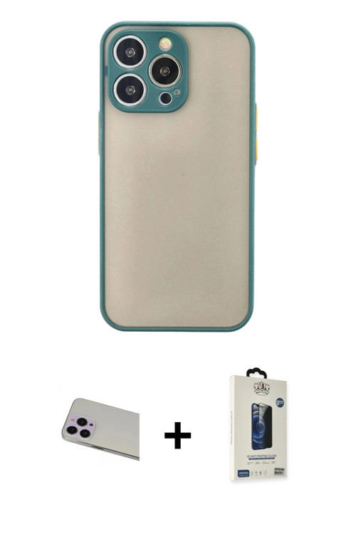 iPhone 13 Pro Max Kılıf Ahenk Çizgi Serisi - Siyah Bilvis Hayalet Cam Ekran Koruyucu + Mor Rain