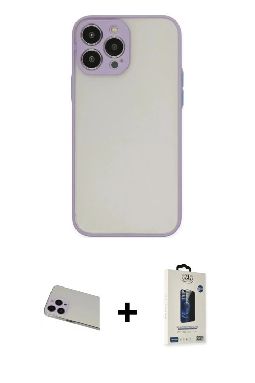 iPhone 13 Pro Max Kılıf Ahenk Çizgi Serisi - Siyah Bilvis Hayalet Cam Ekran Koruyucu + Mor Rain