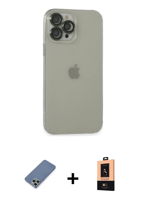 ieg™ iPhone 13 Pro Max Kılıf Ufuk Minimal Özel Seri - Şeffaf Maxco Cam Ekran Koruyucu + Açık Yeşil M