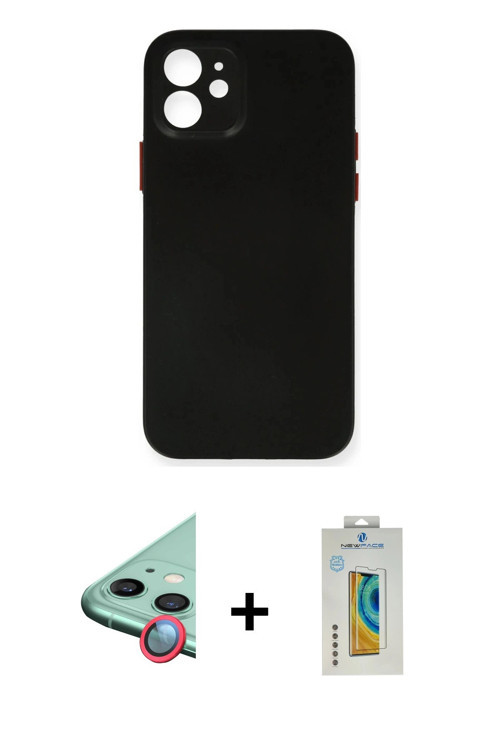 ieg™ iPhone 12 Kılıf Yadigar Yansıma Serisi - Siyah Polymer Nano Ekran Koruyucu + Kırmızı Raze Metal