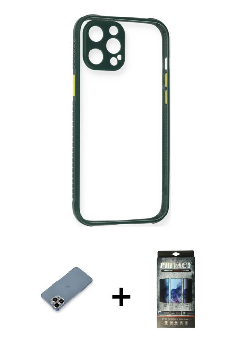 ieg™ iPhone 12 Pro Kılıf Nova Asil Özel Seri - Siyah 34D Hayalet Izgaralı Cam + Mor Metal Kamera Len