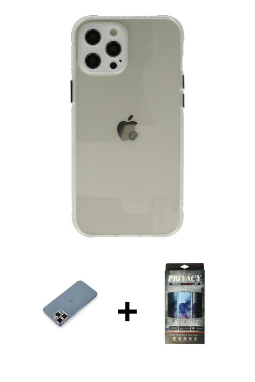 ieg™ iPhone 12 Pro Kılıf Nova Asil Özel Seri - Siyah 34D Hayalet Izgaralı Cam + Mor Metal Kamera Len