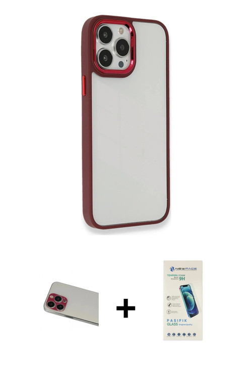 ieg™ iPhone 13 Pro Max Kılıf Eksen Doku Prime - Şeffaf Pasifik Cam Ekran Koruyucu + Kırmızı Rainbow