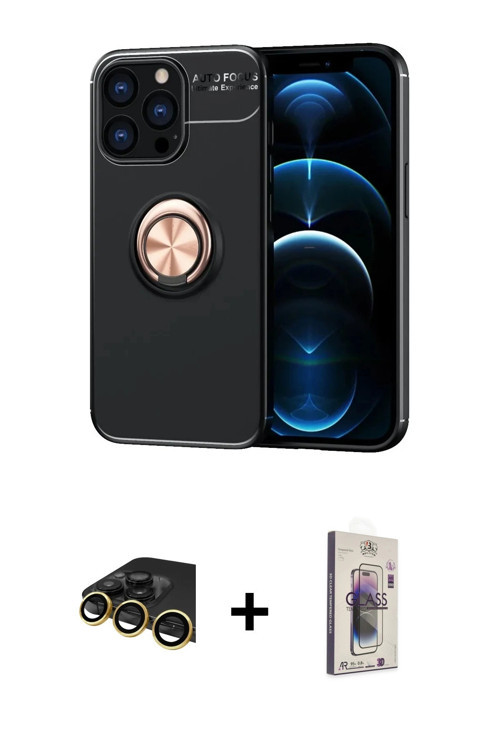 ieg™ iPhone 13 Pro Max Kılıf Yankı Form Prime - Siyah Bilvis 3D Cam Ekran Koruyucu + Gold Raze Metal