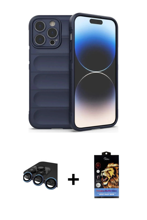 ieg™ iPhone 15 Pro Max Kılıf Atlas Koleksiyonu - Siyah Buffer Hayalet Cam Ekran Koruyucu + Lacivert