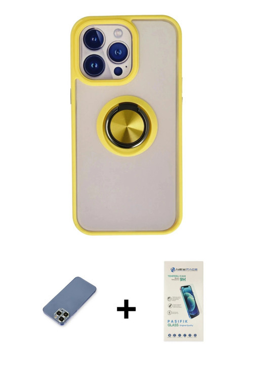 ieg™ iPhone 13 Pro Max Kılıf Yörünge Çizgi - Şeffaf Pasifik Cam Ekran Koruyucu + Açık Yeşil Metal Ka