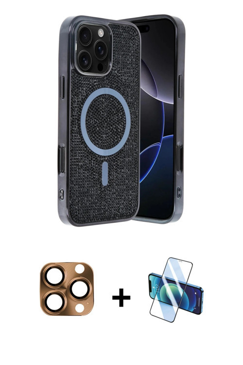 ieg™ iPhone 16 Pro Max Kılıf Eksen Çizgi - Siyah 3D Antistatik Seramik Nano Ekran Koruyucu + Çöl Tit