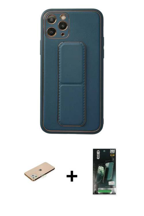 ieg™ iPhone 11 Pro Kılıf Akış Doku - Siyah 360 Mat Full Body Arka Koruyucu + Yeşil Renkli Kamera Len