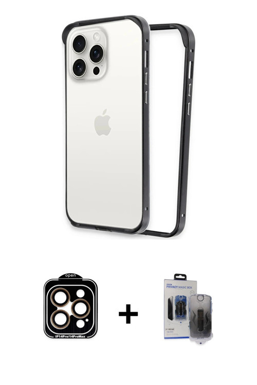 ieg™ iPhone 15 Pro Max Kılıf Pusula Asil Koleksiyonu - Siyah Vanessa Magic Hayalet Cam + Turuncu PVD