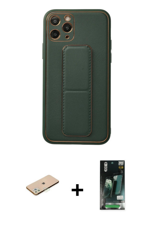 ieg™ iPhone 11 Pro Kılıf Akış Doku - Siyah 360 Mat Full Body Arka Koruyucu + Yeşil Renkli Kamera Len