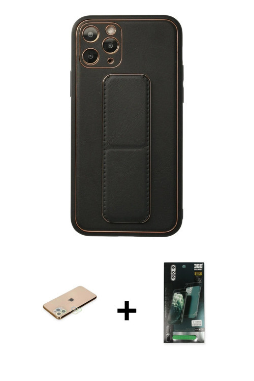 ieg™ iPhone 11 Pro Kılıf Akış Doku - Siyah 360 Mat Full Body Arka Koruyucu + Yeşil Renkli Kamera Len