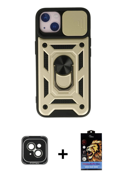 ieg™ iPhone 15 Kılıf Ahenk Klasik - Siyah Buffer Hayalet Cam Ekran Koruyucu + Yeşil PVD Metal Kamera