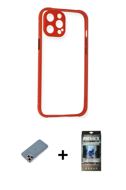 ieg™ iPhone 12 Pro Kılıf Nova Asil Özel Seri - Siyah 34D Hayalet Izgaralı Cam + Mor Metal Kamera Len
