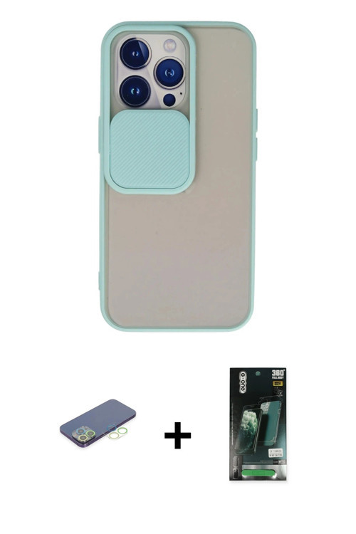 ieg™ iPhone 13 Pro Kılıf Vadi Çizgi - Şeffaf 360 Full Body Arka Koruyucu + Yeşil Renkli Kamera Lens