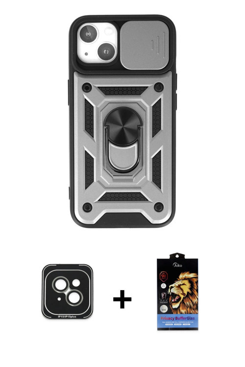 ieg™ iPhone 15 Kılıf Ahenk Klasik - Siyah Buffer Hayalet Cam Ekran Koruyucu + Yeşil PVD Metal Kamera