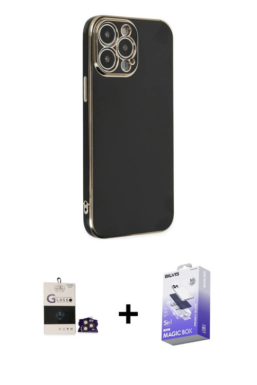 iPhone 14 Pro Max Kılıf Yankı Serisi - Siyah Bilvis 5in1 5D Magic Hayalet Cam Ekran Koruyucu +