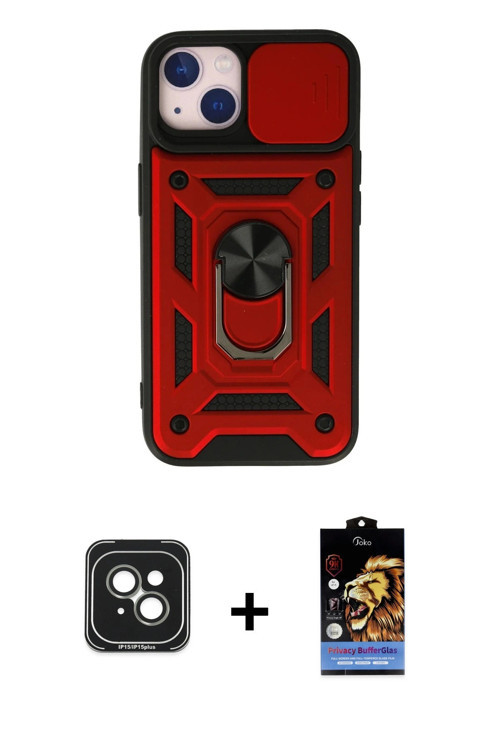 ieg™ iPhone 15 Kılıf Ahenk Klasik - Siyah Buffer Hayalet Cam Ekran Koruyucu + Yeşil PVD Metal Kamera