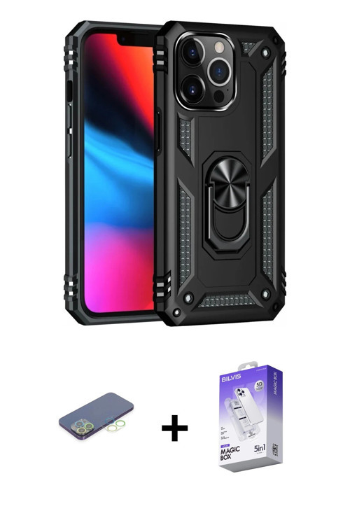 ieg™ iPhone 13 Pro Max Kılıf Ahenk Klasik Koleksiyonu - Siyah Bilvis 5in1 3D Magic Cam Ekran Koruyuc