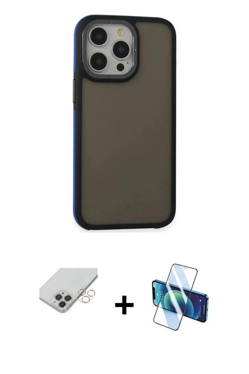 ieg™ iPhone 14 Pro Max Kılıf Eksen Işık - Siyah 3D Antistatik Cam Ekran Koruyucu + Gold Band Metal K