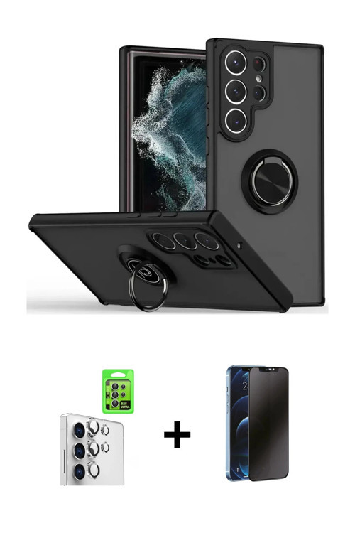 ieg™ Galaxy S25 Ultra Kılıf Yörünge Çizgi - Siyah 3D Antistatik Hayalet Cam Ekran Koruyucu + Gümüş R
