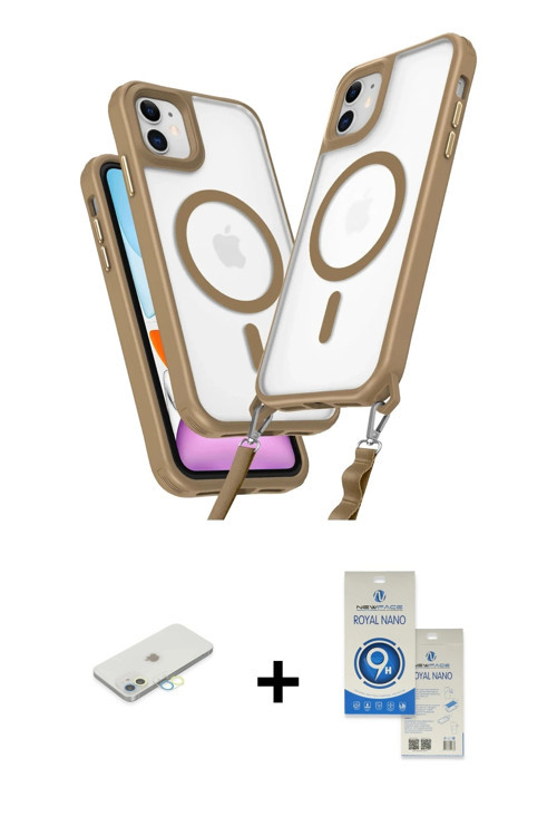 ieg™ iPhone 11 Kılıf Atlas Doku Koleksiyonu - Şeffaf Royal Nano Ekran Koruyucu + Sarı Renkli Kamera