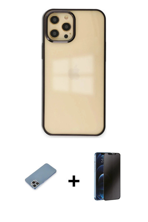 ieg™ iPhone 12 Pro Max Kılıf Doruk Doku Prime - Siyah 3D Antistatik Hayalet Cam Ekran Koruyucu + Gök