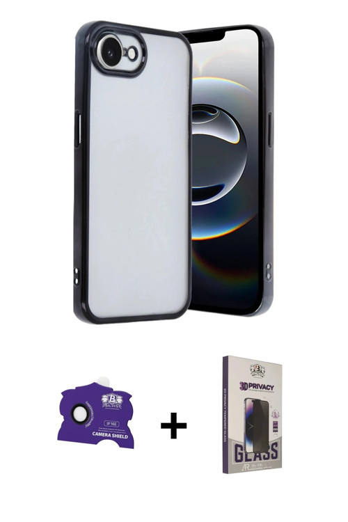 ieg™ iPhone 16E Kılıf Vadi Minimal - Siyah Bilvis Hayalet Cam Ekran Koruyucu + Siyah Bilvis Titan Ka