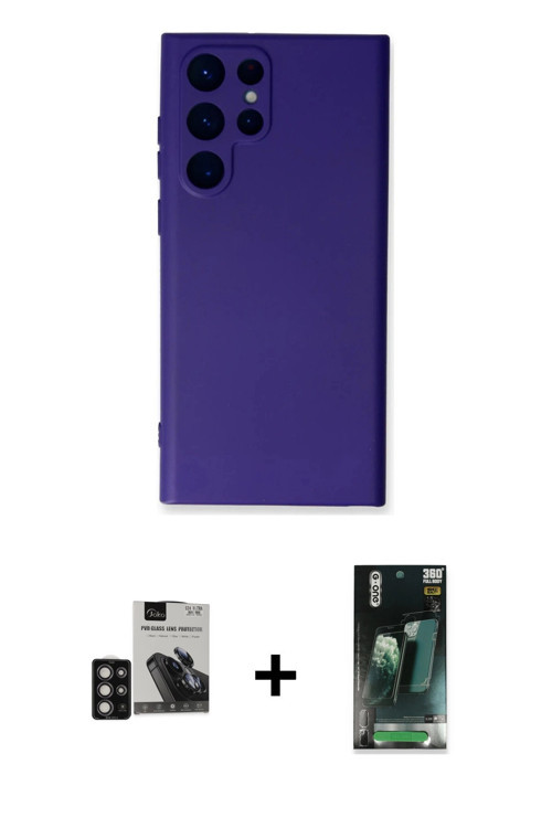 ieg™ Galaxy S24 Ultra Kılıf Ahenk Serisi - Şeffaf 360 Full Body Arka Koruyucu + Derin Mor PVD Metal