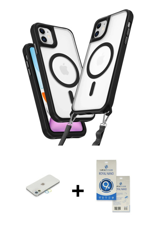 ieg™ iPhone 11 Kılıf Atlas Doku Koleksiyonu - Şeffaf Royal Nano Ekran Koruyucu + Sarı Renkli Kamera